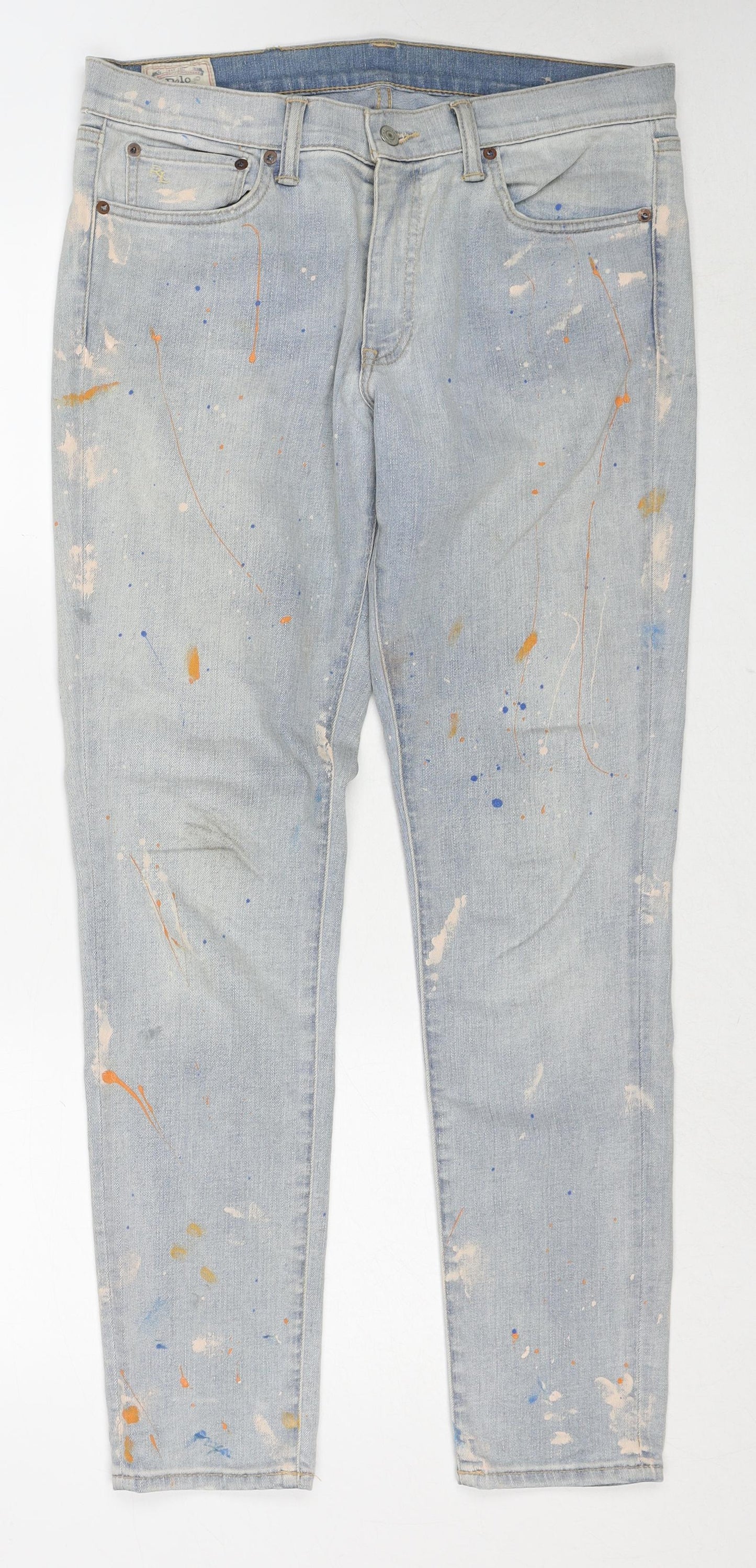 Polo Ralph Lauren Mens Blue Geometric Cotton Skinny Jeans Size 34 in Regular Zip - Paint Splatter Style