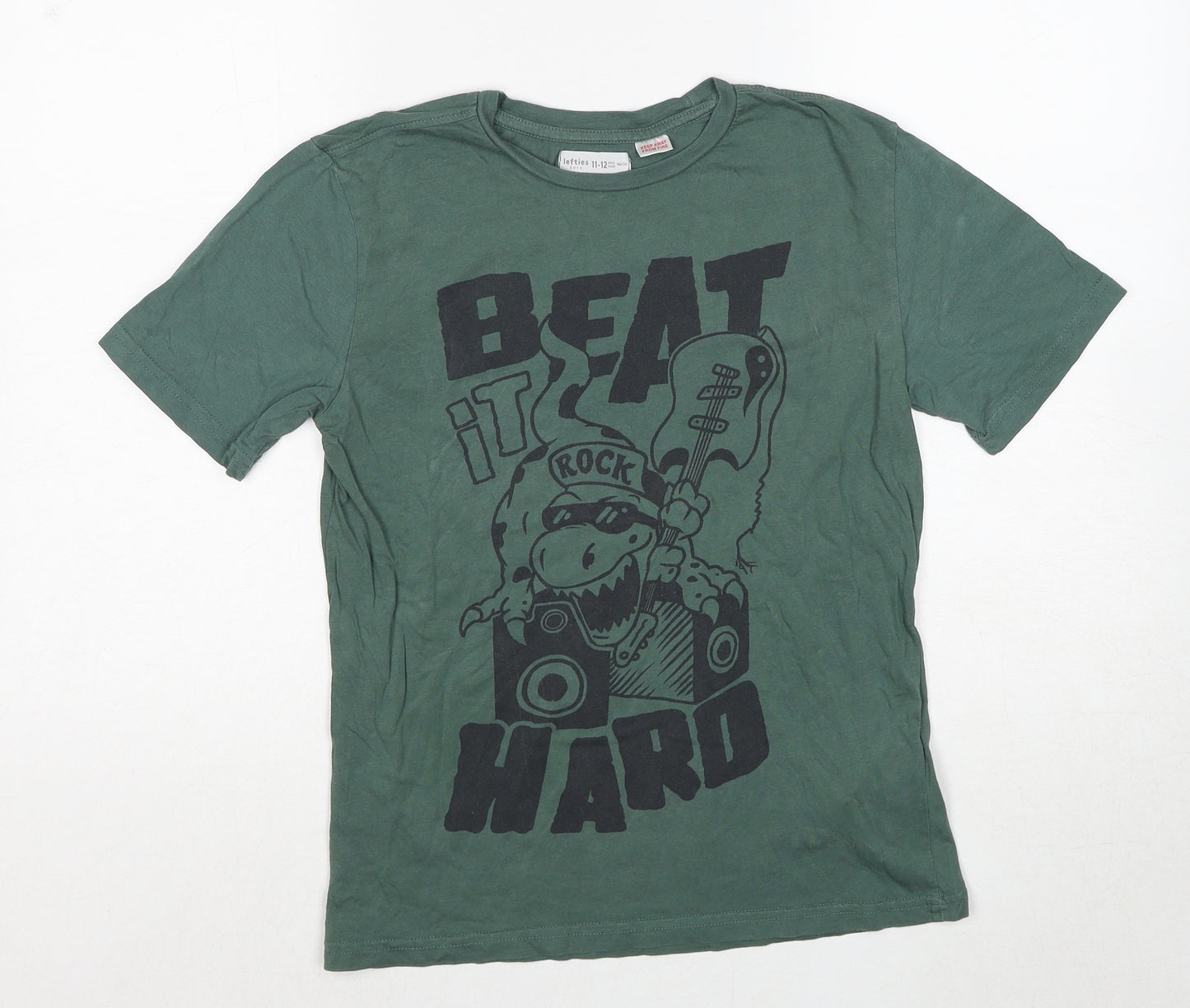 Lefties Boys Green Cotton Pullover T-Shirt Size 11-12 Years Crew Neck Pullover - Rock Dino