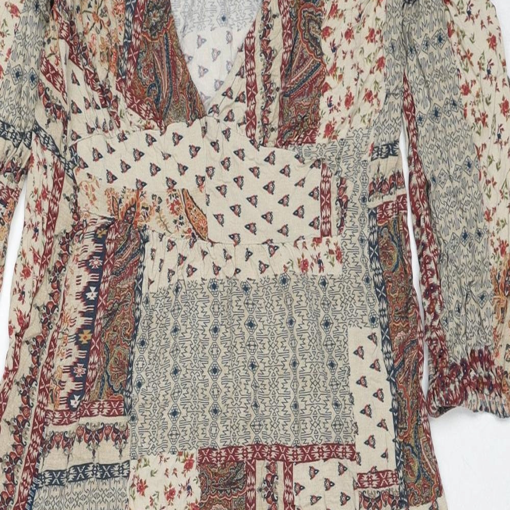 Pull&Bear Womens Brown Geometric Viscose Maxi Size M V-Neck Pullover