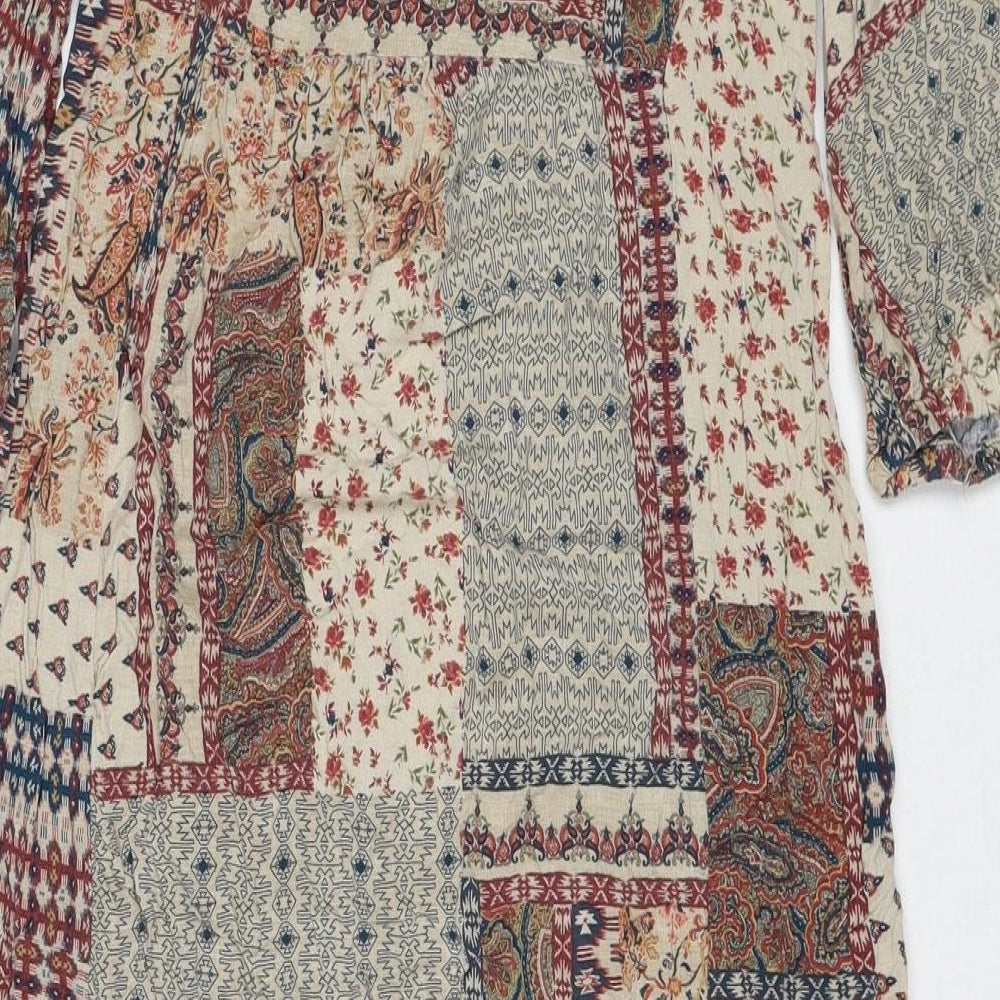 Pull&Bear Womens Brown Geometric Viscose Maxi Size M V-Neck Pullover