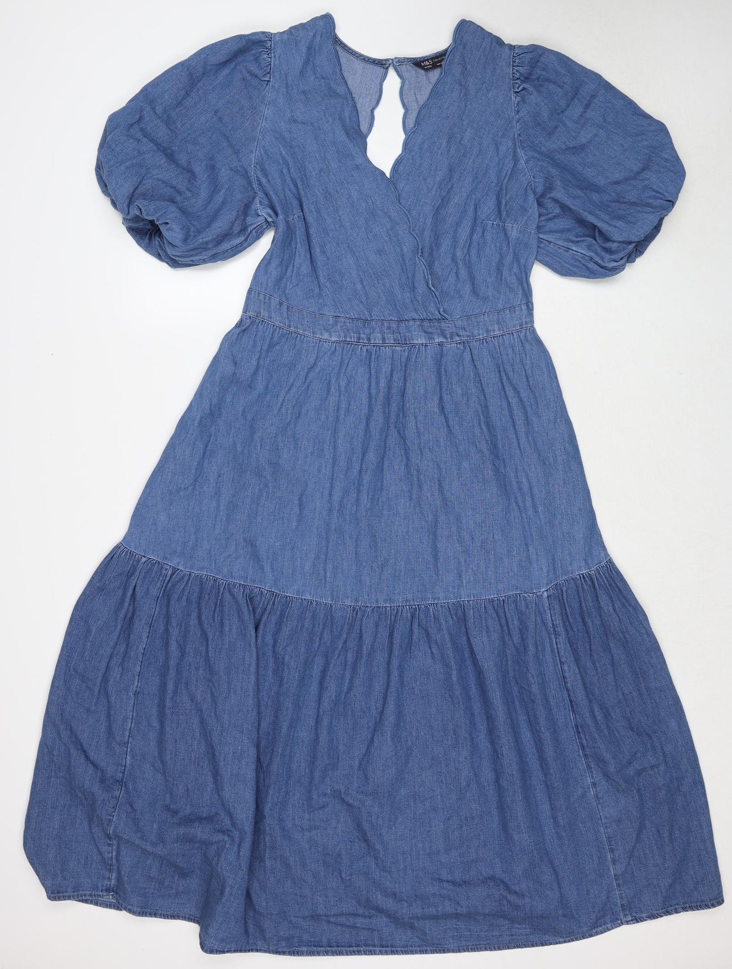 Marks and Spencer Womens Blue Cotton Trapeze & Swing Size 14 V-Neck Button