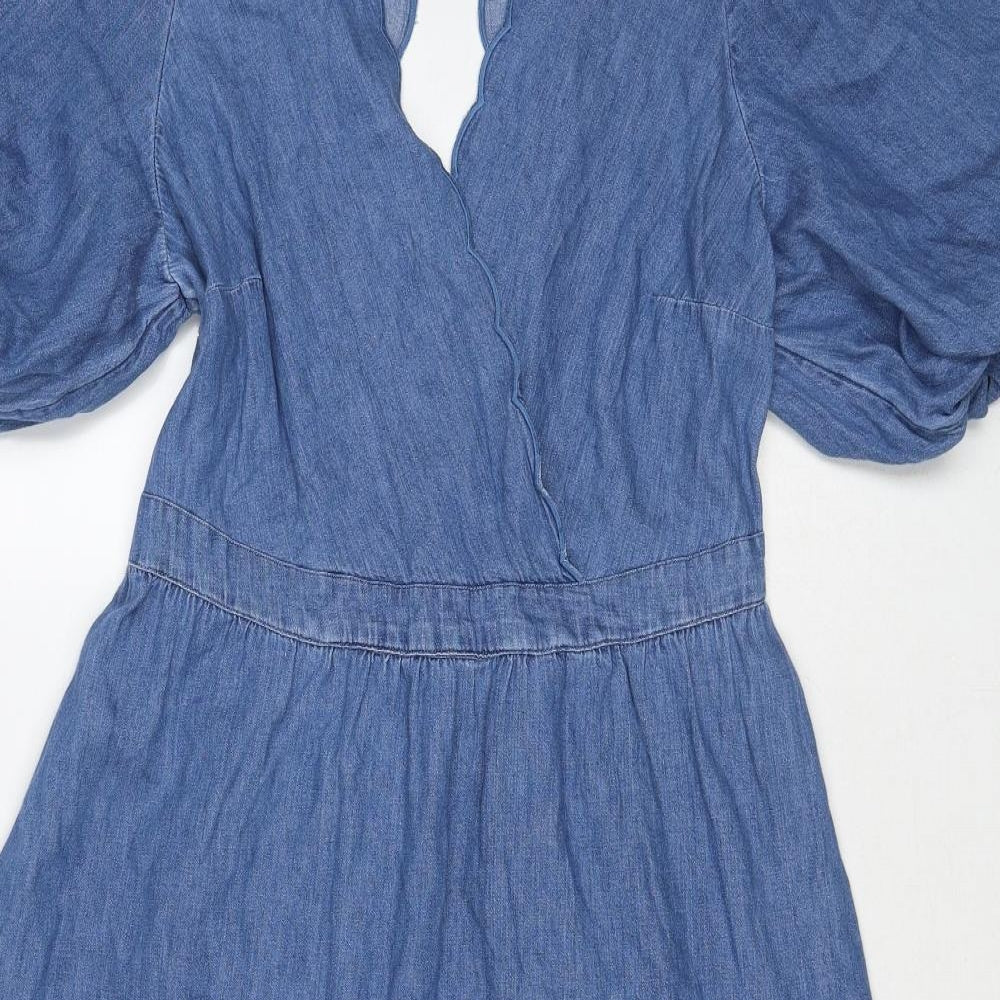 Marks and Spencer Womens Blue Cotton Trapeze & Swing Size 14 V-Neck Button