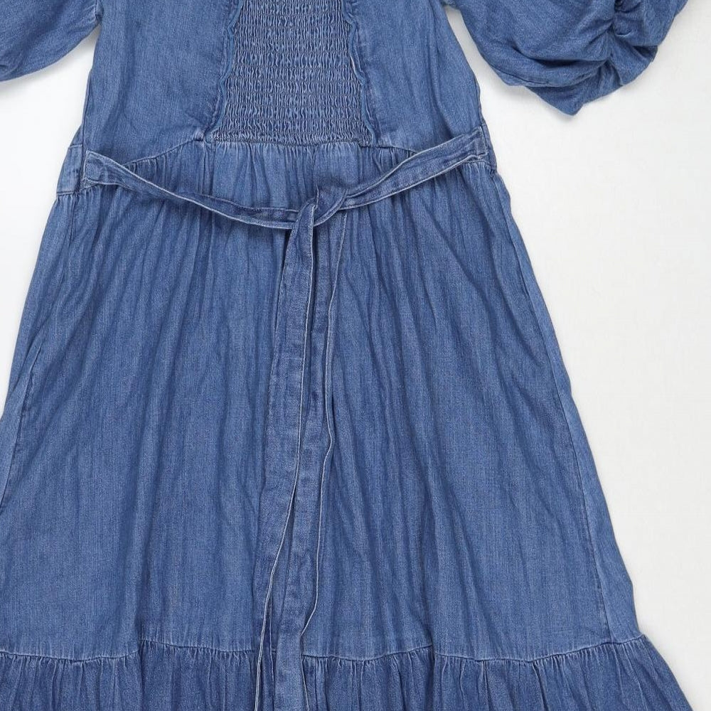 Marks and Spencer Womens Blue Cotton Trapeze & Swing Size 14 V-Neck Button