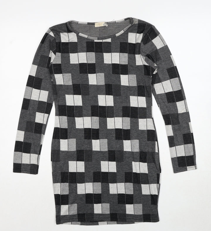 Silk Womens Grey Geometric Polyester Shift Size 10 Round Neck Pullover