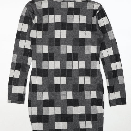 Silk Womens Grey Geometric Polyester Shift Size 10 Round Neck Pullover