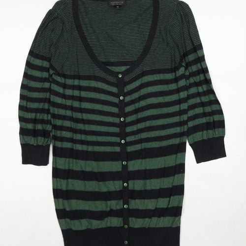 Topshop Womens Green Scoop Neck Striped Cotton Cardigan Jumper Size 12