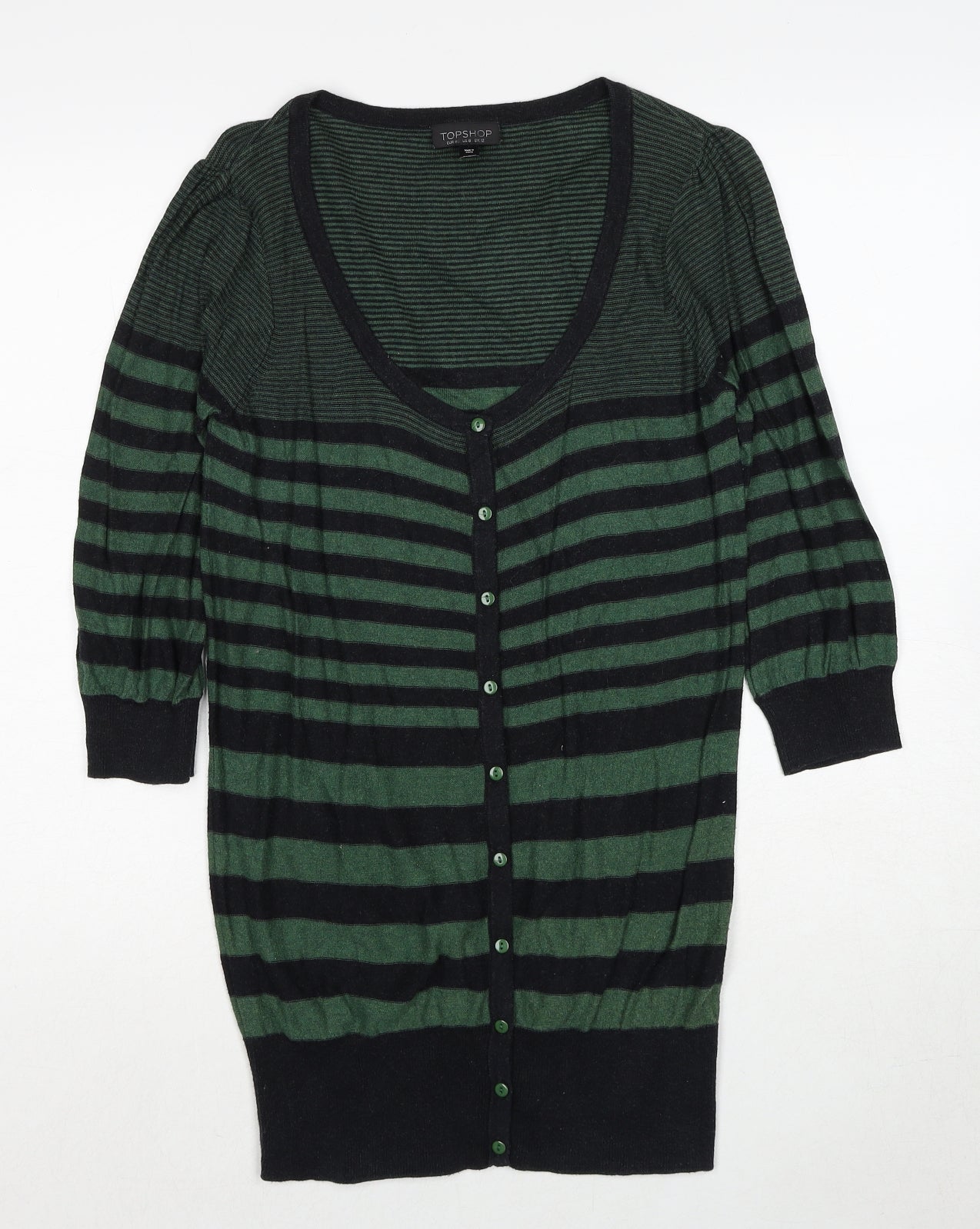 Topshop Womens Green Scoop Neck Striped Cotton Cardigan Jumper Size 12