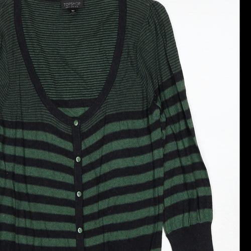 Topshop Womens Green Scoop Neck Striped Cotton Cardigan Jumper Size 12