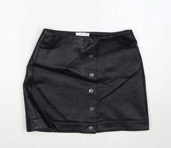 Topshop Womens Black Polyethylene A-Line Skirt Size 8 Snap