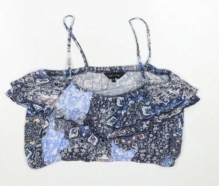 New Look Womens Blue Geometric Cotton Cropped Tank Size 10 Square Neck