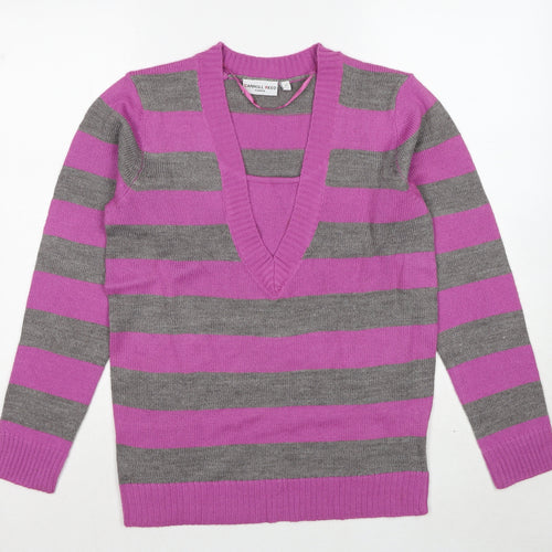 Carroll Reed Womens Purple V-Neck Striped Acrylic Pullover Jumper Size M