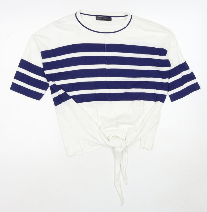 Marks and Spencer Womens White Round Neck Striped Cotton Pullover Jumper Size S - Knot Front