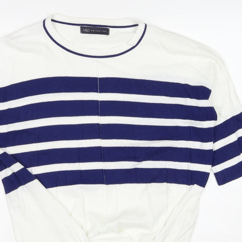 Marks and Spencer Womens White Round Neck Striped Cotton Pullover Jumper Size S - Knot Front