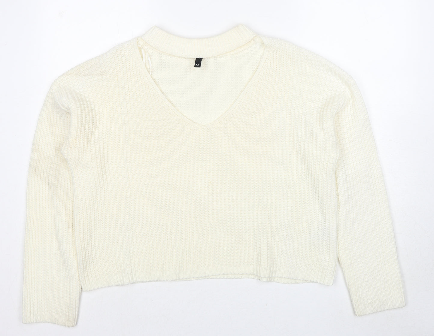 Divided by H&M Womens Ivory V-Neck Acrylic Pullover Jumper Size M