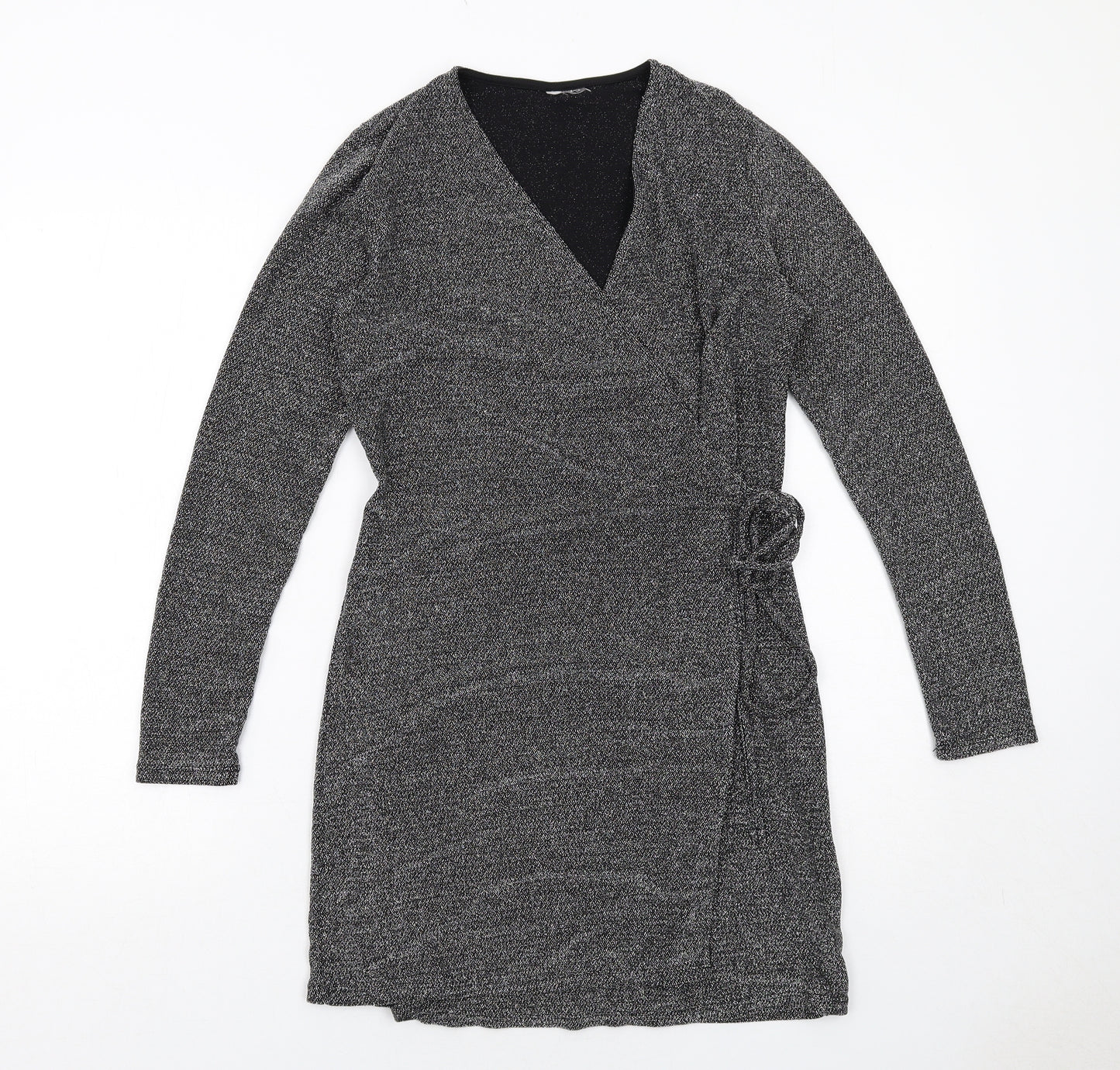 H&M Womens Grey Polyamide Wrap Dress Size M V-Neck Tie