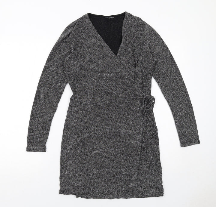 H&M Womens Grey Polyamide Wrap Dress Size M V-Neck Tie