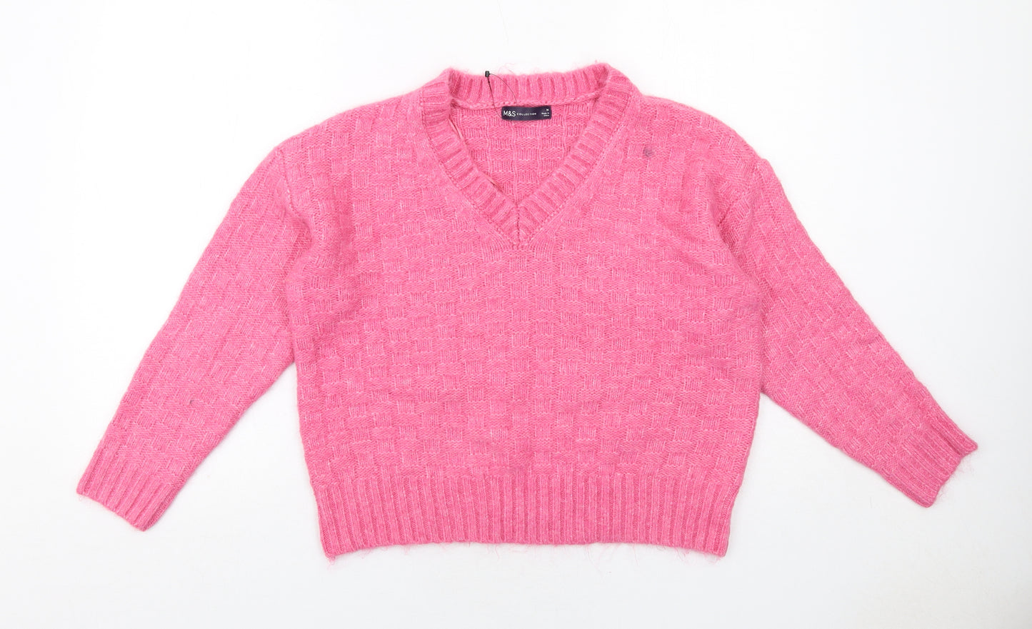 Marks and Spencer Womens Pink V-Neck Acrylic Pullover Jumper Size M - Textured