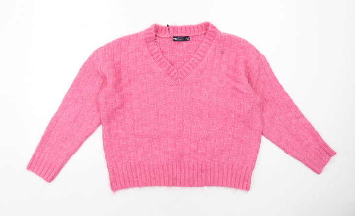 Marks and Spencer Womens Pink V-Neck Acrylic Pullover Jumper Size M - Textured