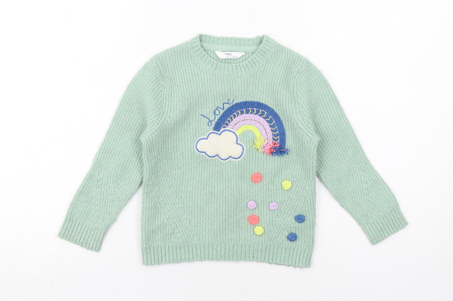 Marks and Spencer Girls Green Crew Neck Polyester Pullover Jumper Size 3-4 Years Pullover - Rainbow