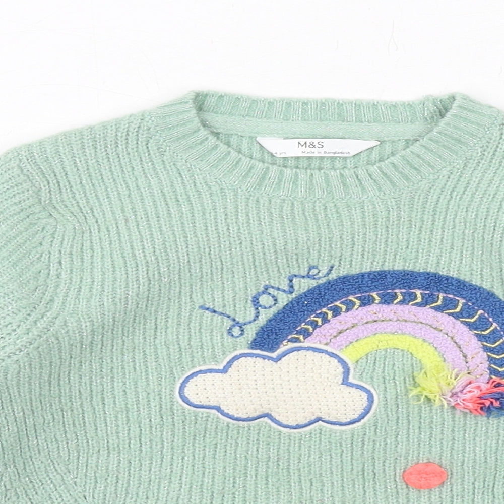 Marks and Spencer Girls Green Crew Neck Polyester Pullover Jumper Size 3-4 Years Pullover - Rainbow