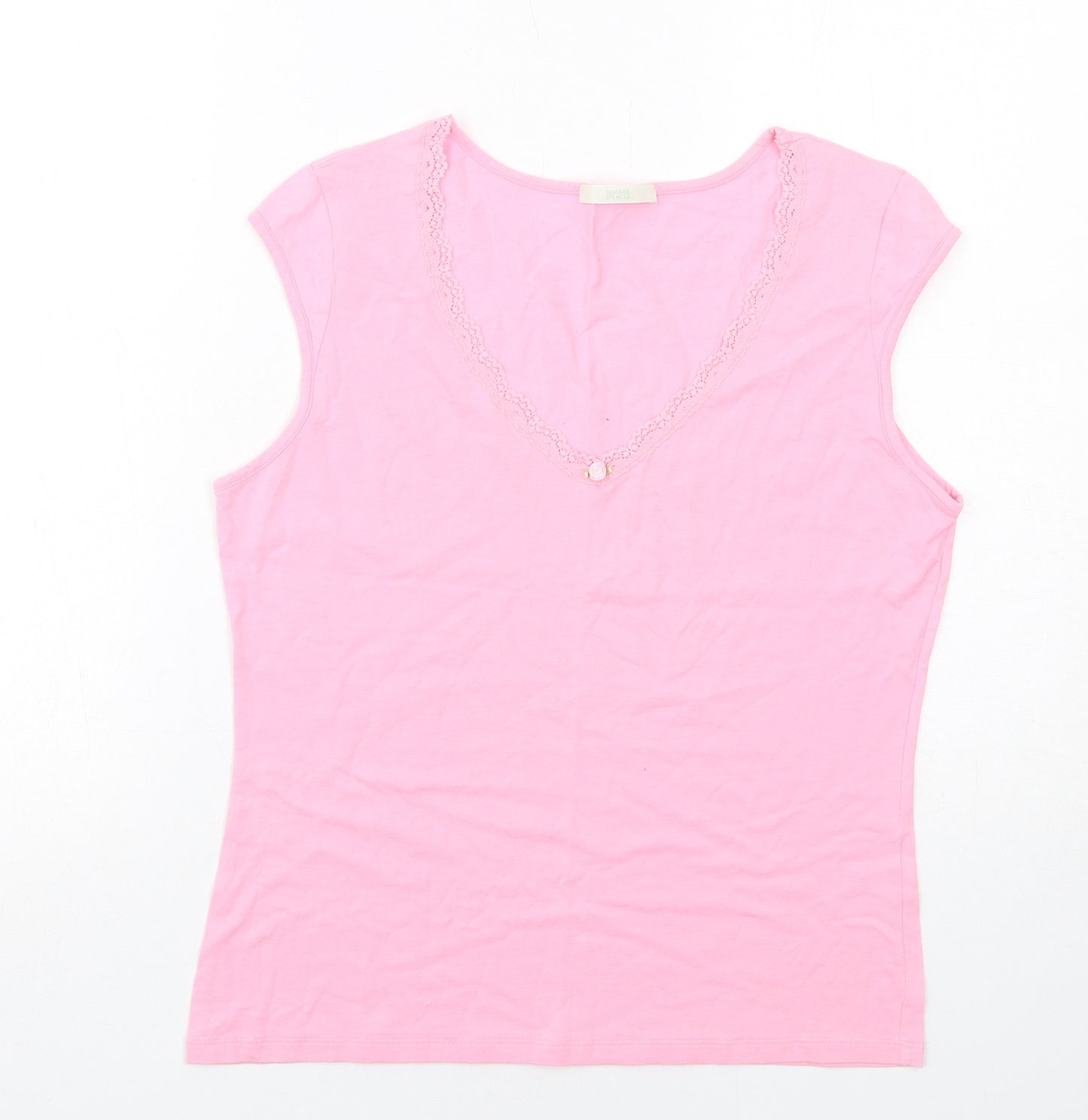 Marks and Spencer Womens Pink Cotton Basic Blouse Size 16 V-Neck - Lace Detail