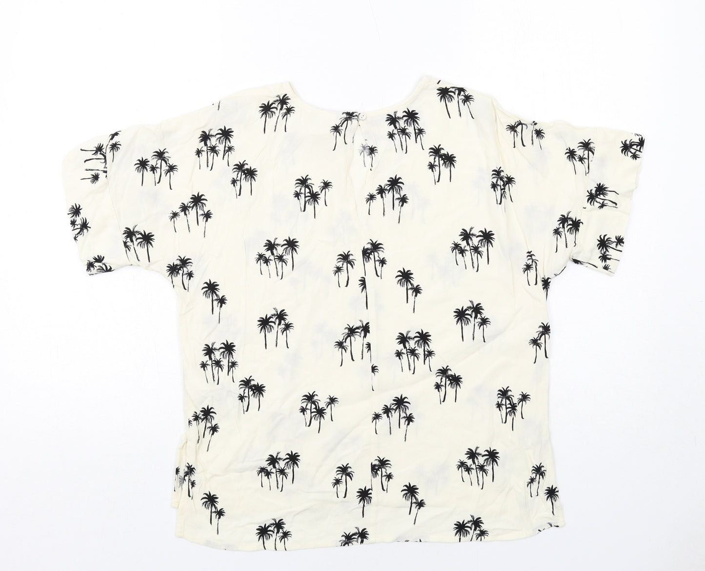 H&M Womens Ivory Geometric Viscose Basic Blouse Size 10 Round Neck - Palm Trees