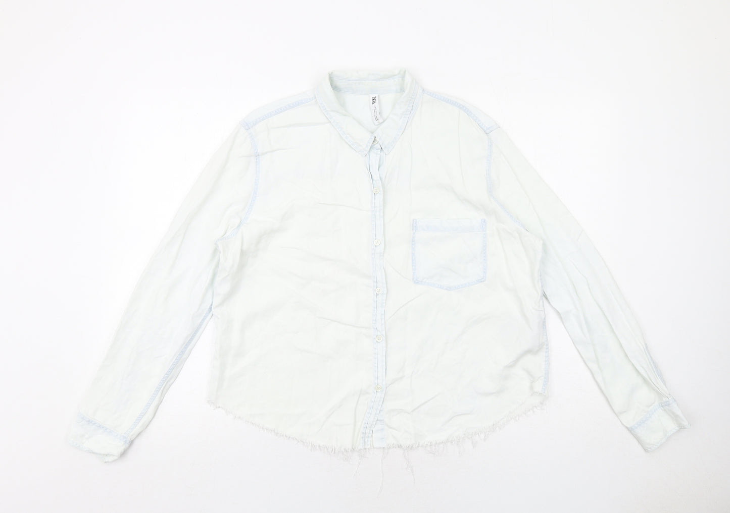 Zara Womens White Lyocell Basic Button-Up Size L Collared