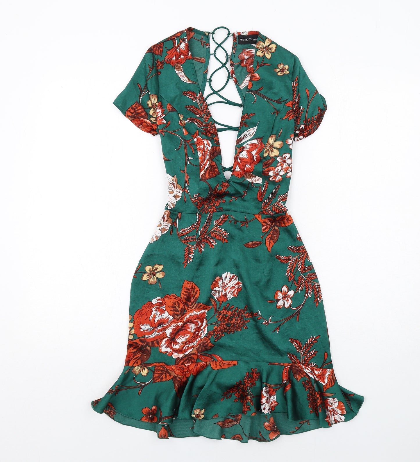 PRETTYLITTLETHING Womens Green Floral Polyester Bodycon Size 8 V-Neck Zip