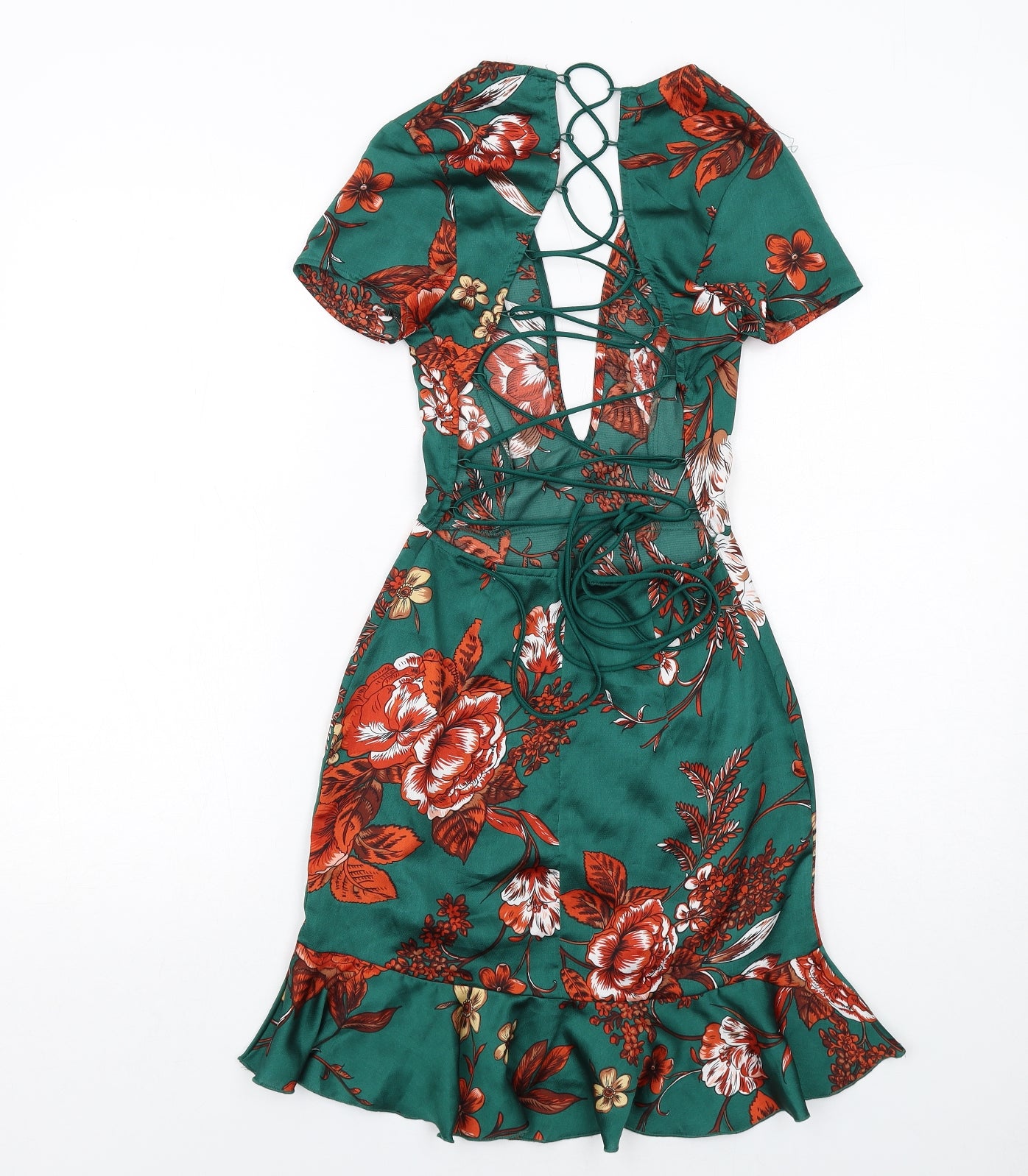 PRETTYLITTLETHING Womens Green Floral Polyester Bodycon Size 8 V-Neck Zip