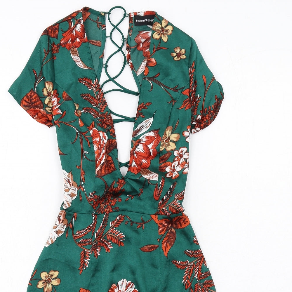 PRETTYLITTLETHING Womens Green Floral Polyester Bodycon Size 8 V-Neck Zip
