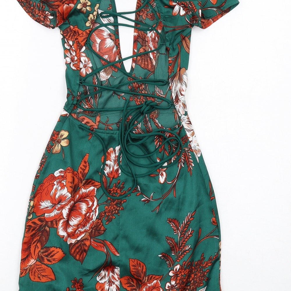 PRETTYLITTLETHING Womens Green Floral Polyester Bodycon Size 8 V-Neck Zip