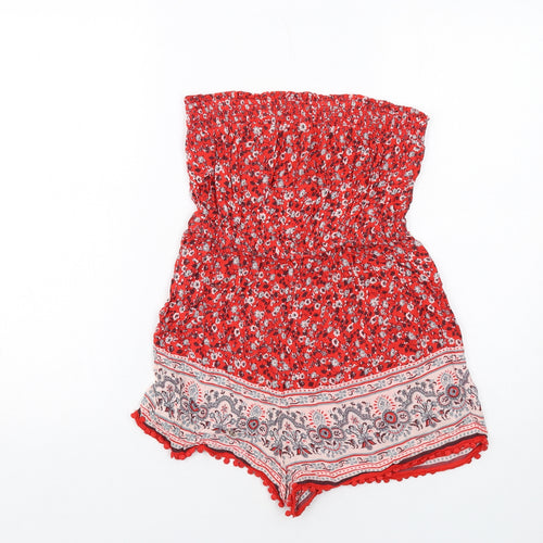 New Look Womens Red Floral Viscose Playsuit One-Piece Size 8 Pullover - Strapless