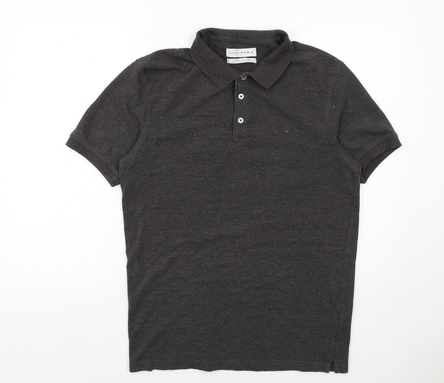 Zara Mens Grey Cotton Polo Size L Collared Button