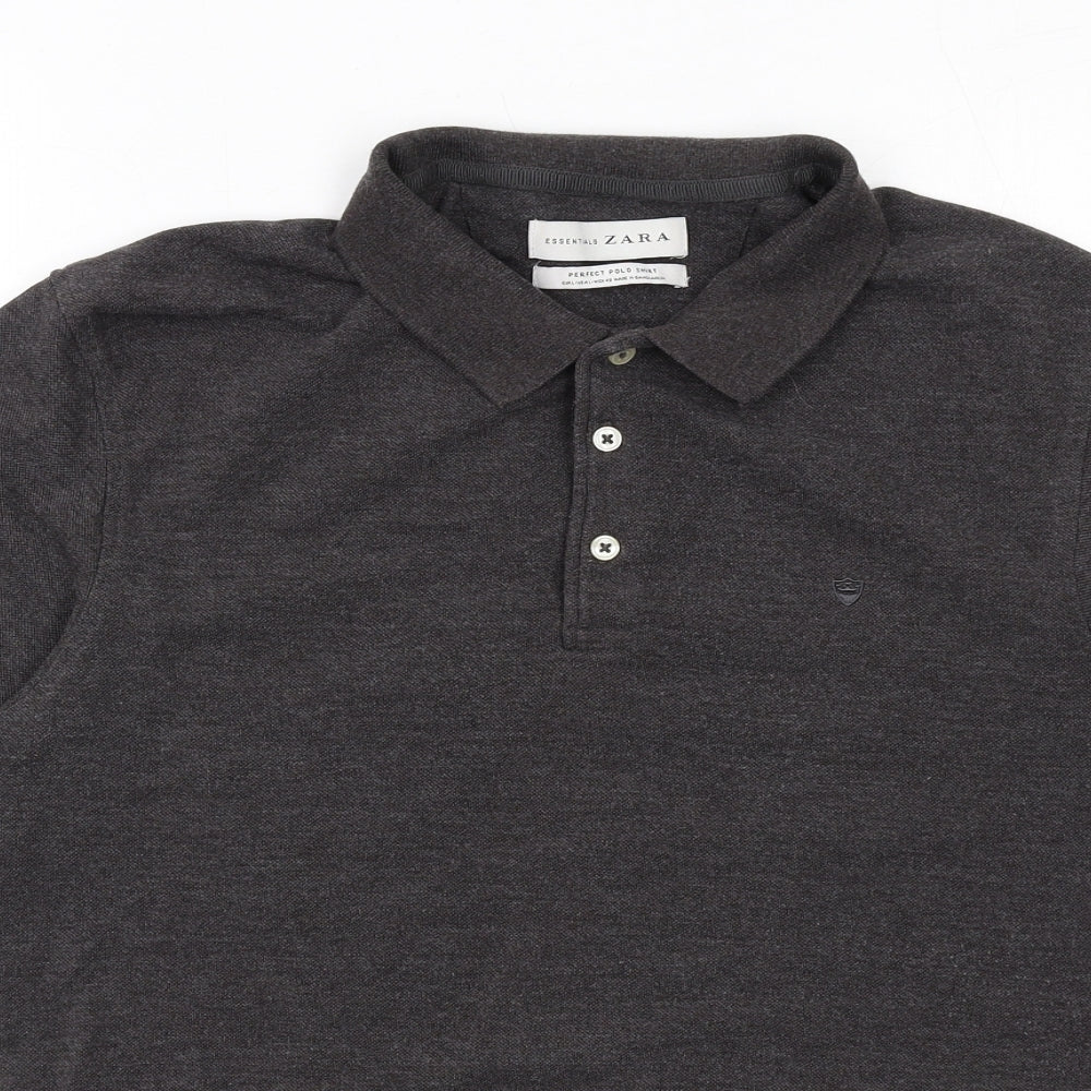 Zara Mens Grey Cotton Polo Size L Collared Button