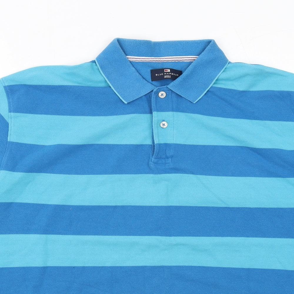 Marks and Spencer Mens Blue Striped Cotton Polo Size L Collared Button