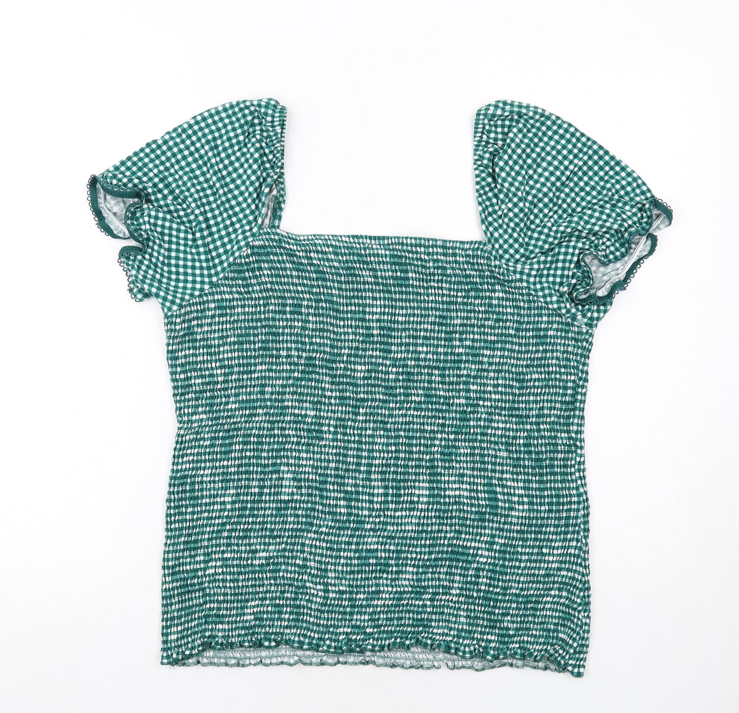 next# Womens Green Check Viscose Basic Blouse Size 20 Square Neck - Shirred