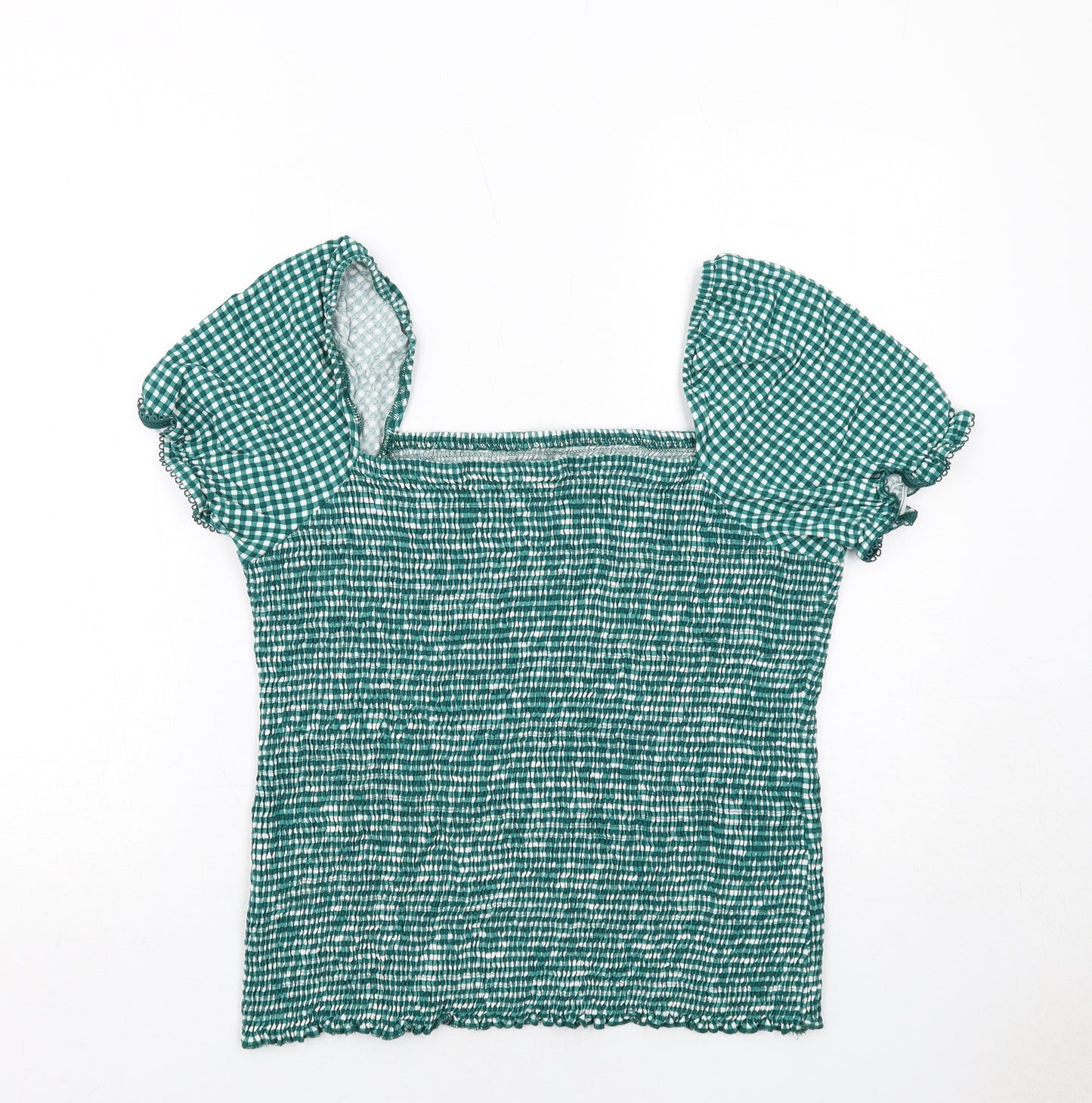 next# Womens Green Check Viscose Basic Blouse Size 20 Square Neck - Shirred