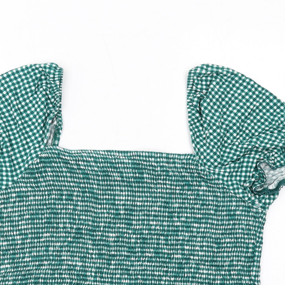 next# Womens Green Check Viscose Basic Blouse Size 20 Square Neck - Shirred