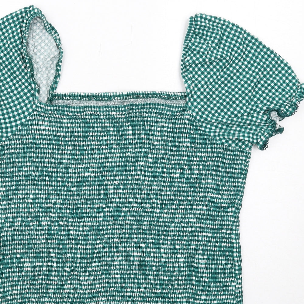 next# Womens Green Check Viscose Basic Blouse Size 20 Square Neck - Shirred