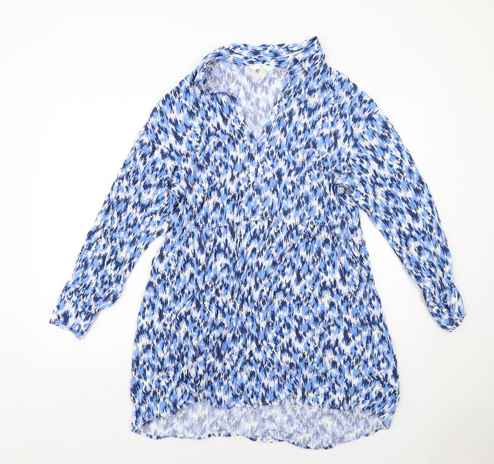 H&M Womens Blue Geometric Viscose Shirt Dress Size S Collared Pullover