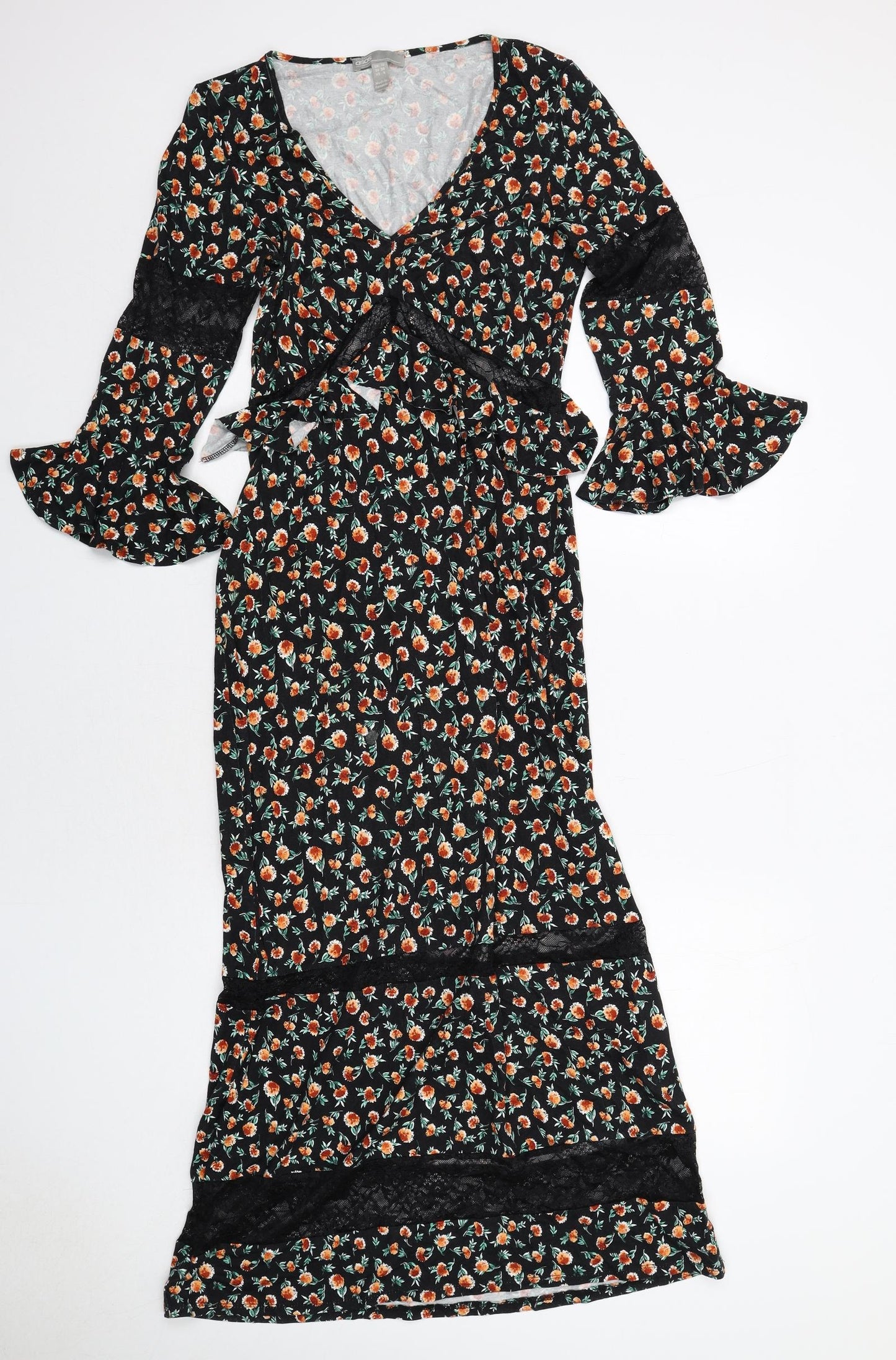 ASOS Womens Black Floral Viscose A-Line Size 10 V-Neck Pullover