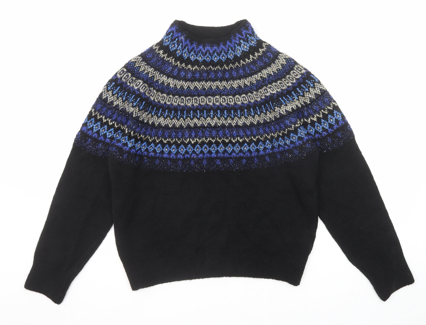 Marks and Spencer Womens Black High Neck Fair Isle Acrylic Pullover Jumper Size M
