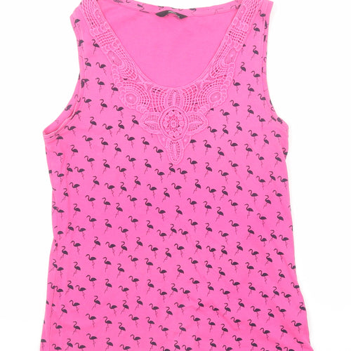 M&Co Womens Pink Geometric Cotton Basic Tank Size 12 Round Neck - Crochet Detail, Flamingo Pattern