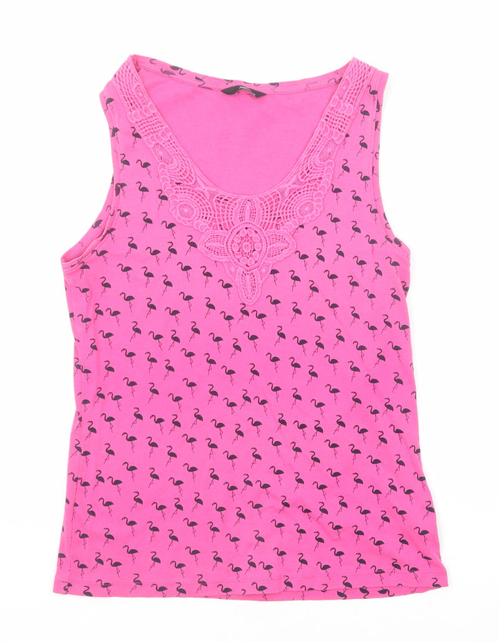 M&Co Womens Pink Geometric Cotton Basic Tank Size 12 Round Neck - Crochet Detail, Flamingo Pattern