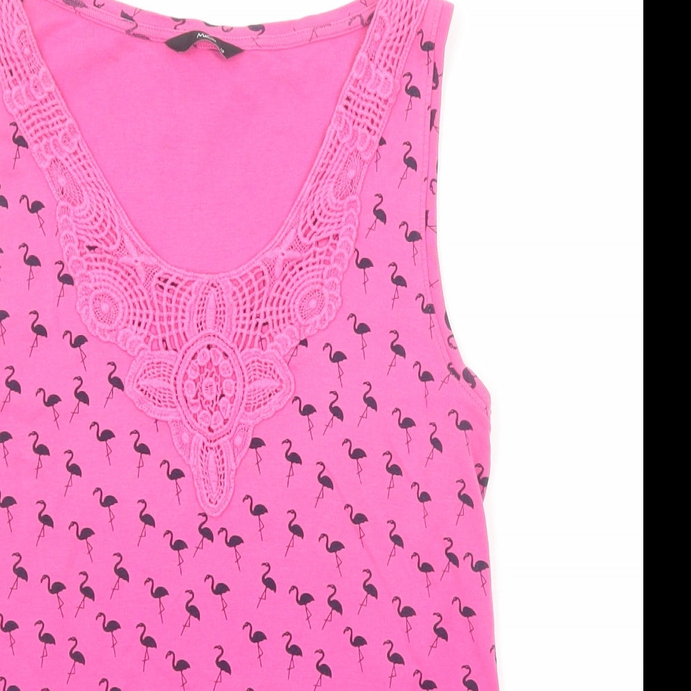 M&Co Womens Pink Geometric Cotton Basic Tank Size 12 Round Neck - Crochet Detail, Flamingo Pattern