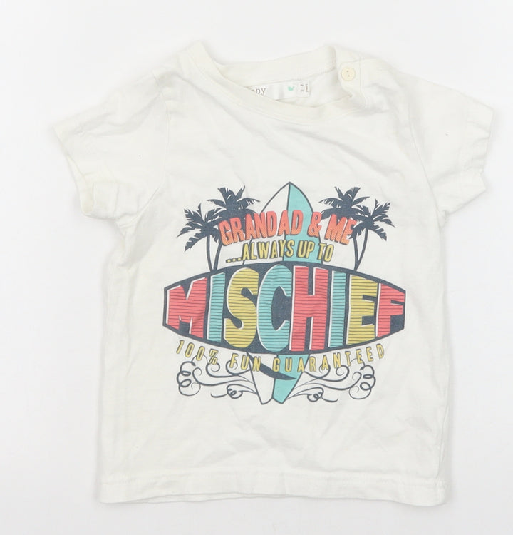 M&Co Boys White Cotton Pullover T-Shirt Size 2-3 Years Crew Neck Button - Mischief