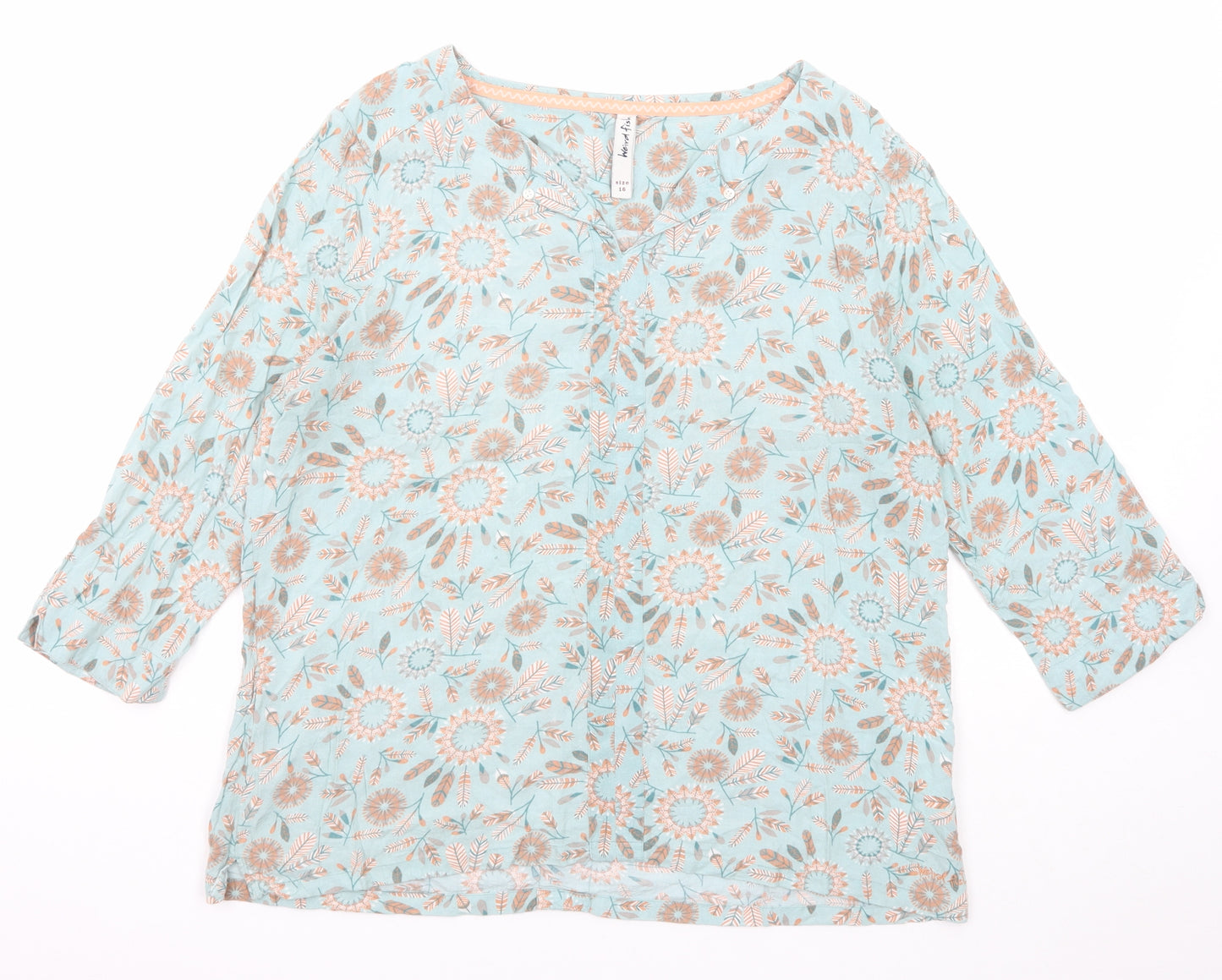 Weird Fish Womens Blue Floral Viscose Basic Blouse Size 16 V-Neck