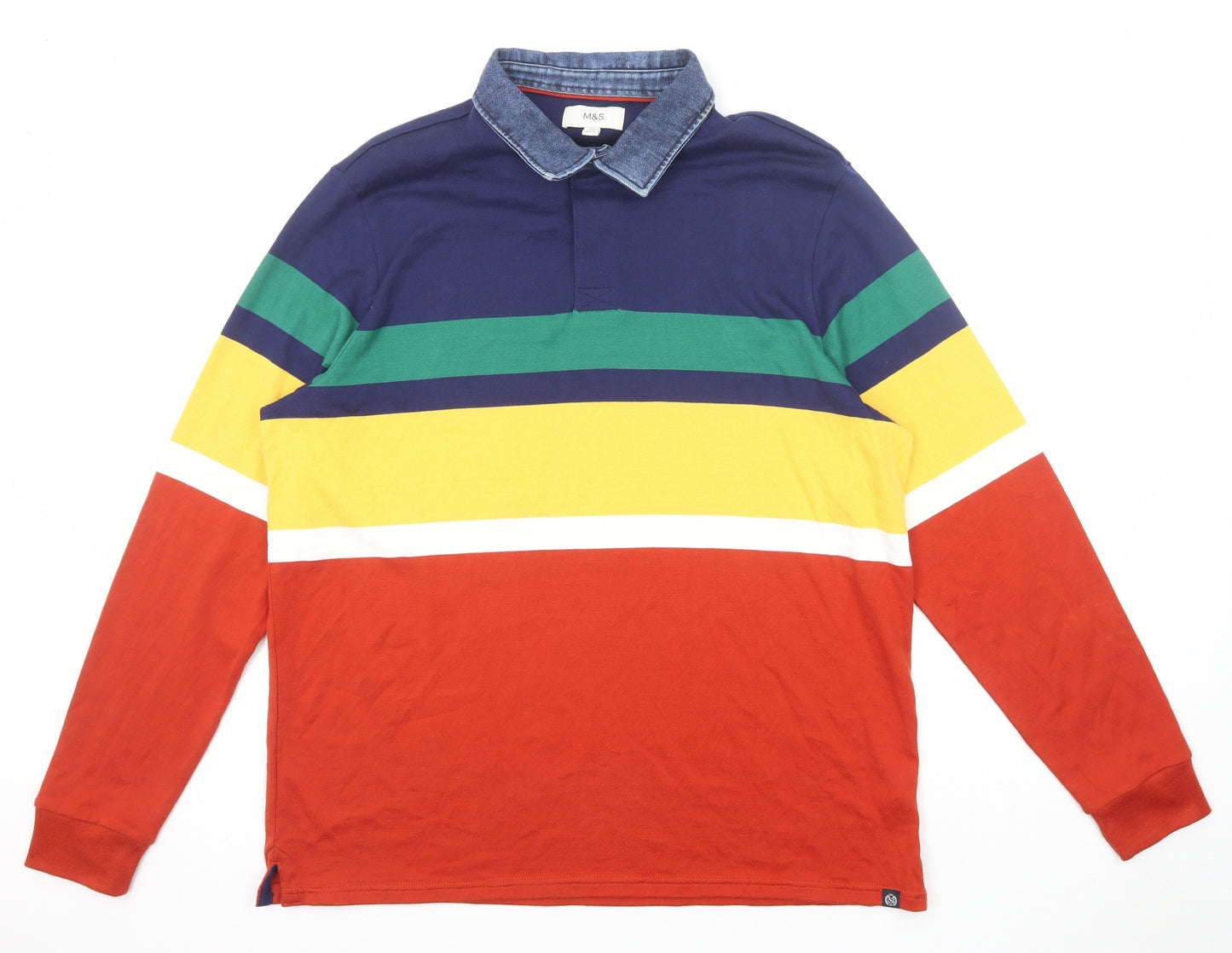 Marks and Spencer Mens Multicoloured Striped Cotton Polo Size 2XL Collared Button