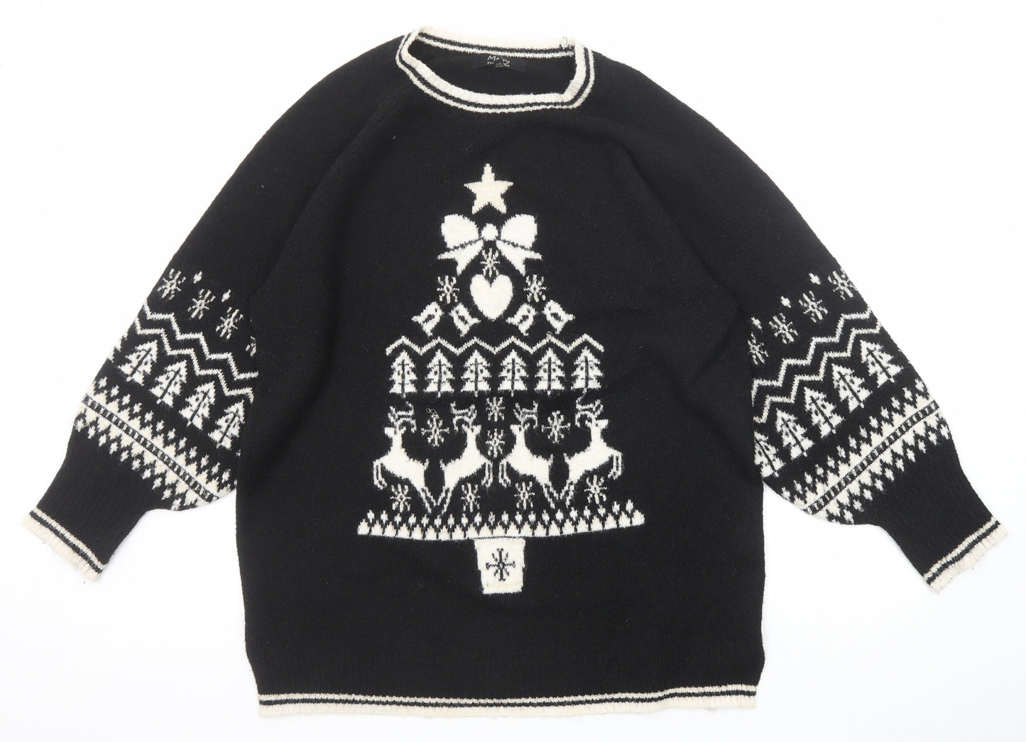NEXT Womens Black Round Neck Fair Isle Polyester Pullover Jumper Size L - Christmas