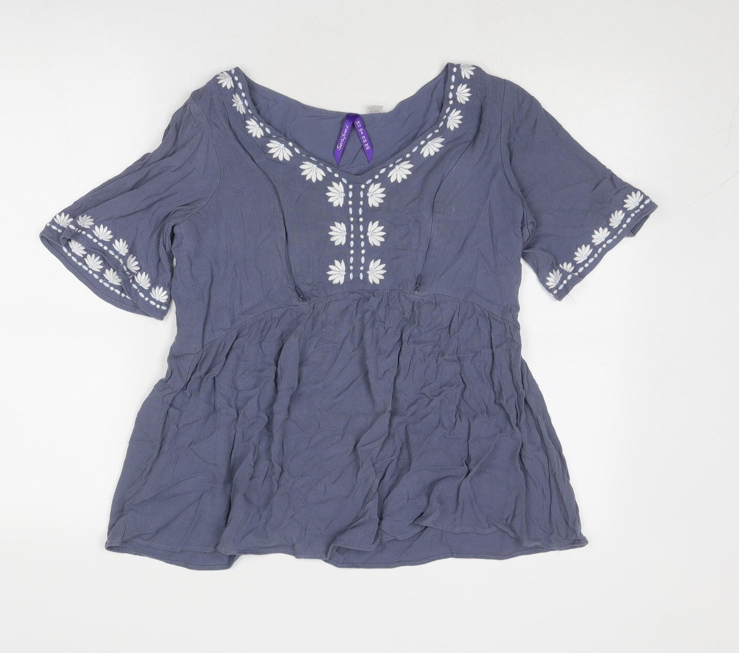 Sapphire Womens Blue Viscose Basic Blouse Size 12 V-Neck - Flower Detail